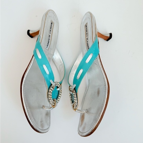 Manolo Blahnik Silver Turquoise Leather Vintage crystal thong sandals EU37 US 7 - Picture 5 of 10